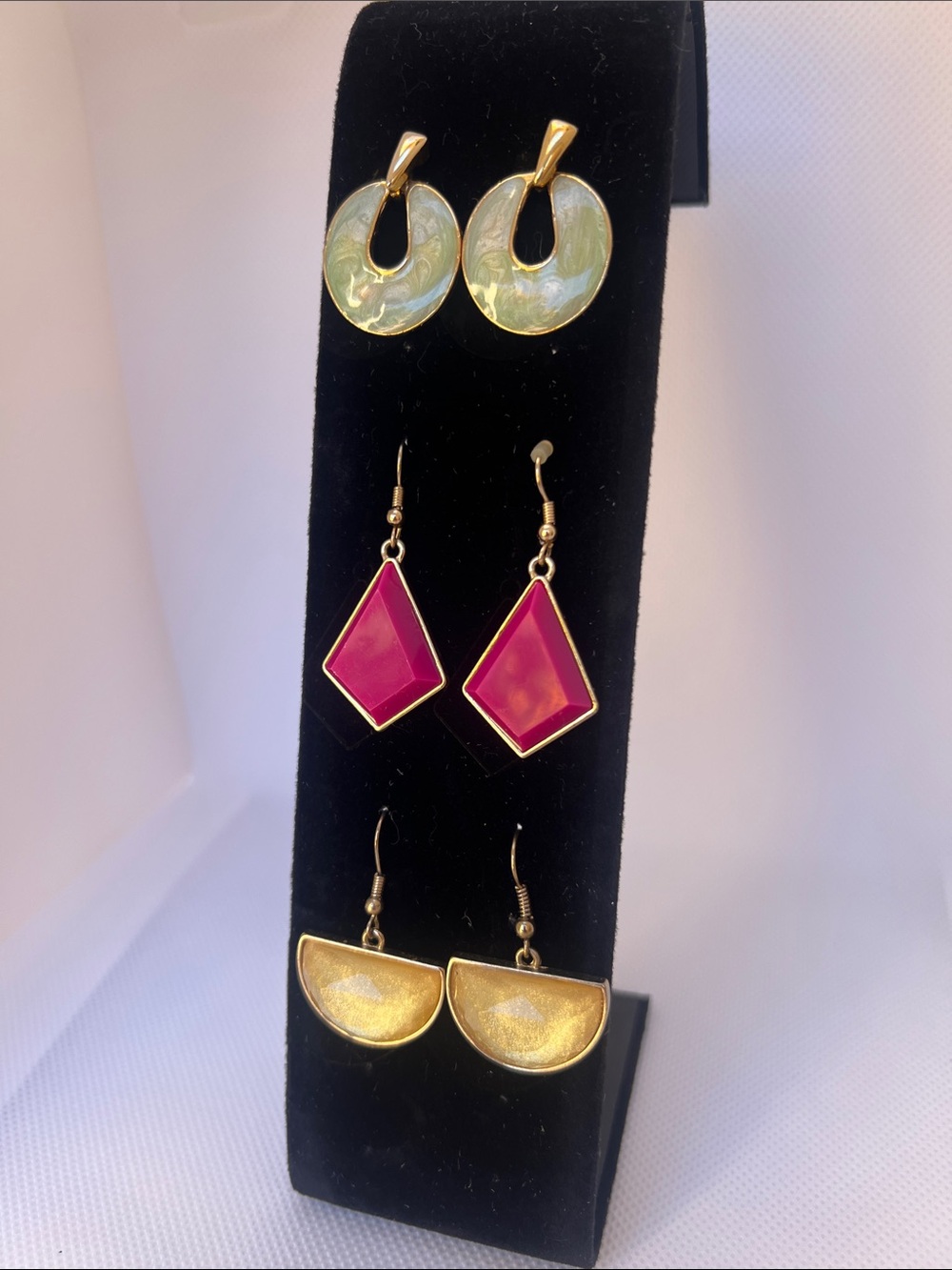 Vintage Gold and Hot Pink Mixed Earring Trio